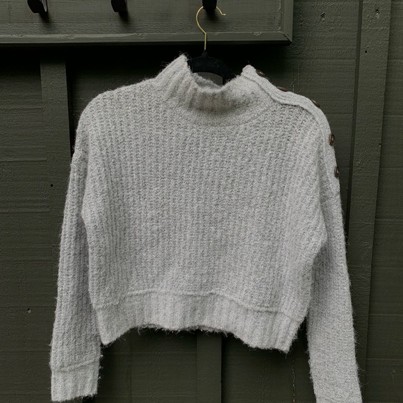 Light Gray Mock Turtleneck Knitted Sweater Brown Buttons Light Academia - Picture 2 of 7